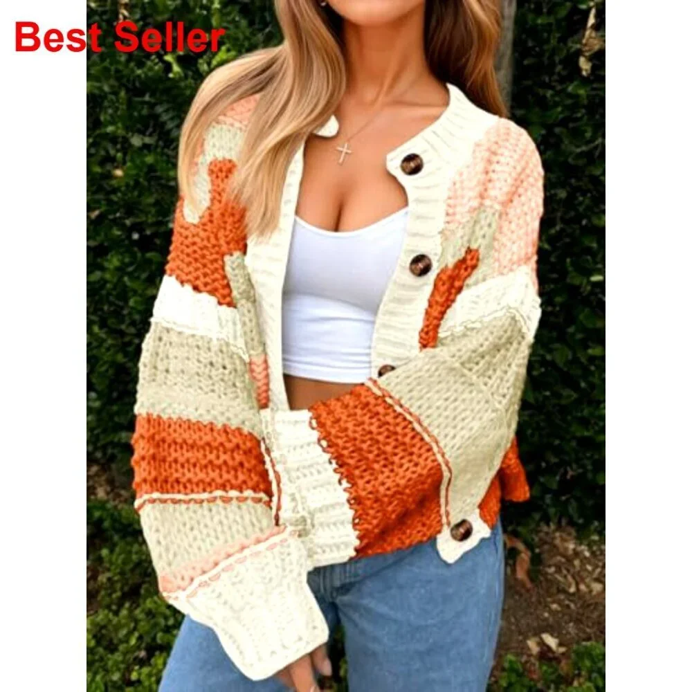 Striped Chunky Cardigan Sweater Button Up Oversized Long Sleeve Knit